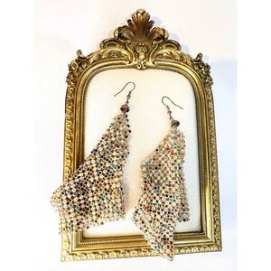 Multicolor Rhinestone Mesh Statement Earrings Gold Tone Oversized Drop Dangle